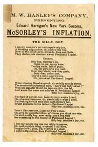 M.W. Hanleys Col presenterar Edward Harrigans senaste N.Y. Success, McSorleys Inflation [teaterkort]. Verso, ca 1882 (litografi [handelskort]) av American School