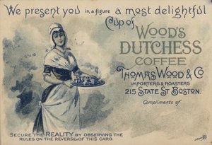 Hembiträde som serverar kaffe, annons för Woods Duchess Coffee, Boston