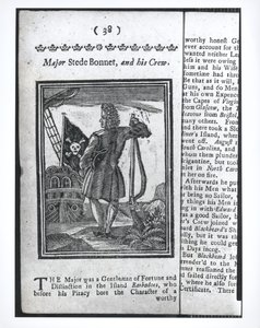 Major Stepe Bonnet, sidan 38 från Historier och liv för alla de mest beryktade piraterna och deras besättningar, London, 1725 av American School