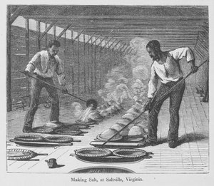 Att göra salt i Slatville, Virginia, från "The Great South" av Edward King, publicerad ca 1874 (gravyr) av American School