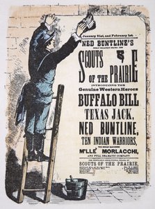 Man som lägger upp en teaterräkning för "Scouts of the Prairie"-pjäs med Buffalo Bill Cody (1846-1917), Texas Jack (1846-79) och Ned Buntline (1823-86) ca 1874 (färgad gravyr) av American School