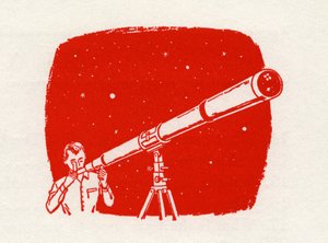 Man med teleskop tittar på stjärnorna av American School