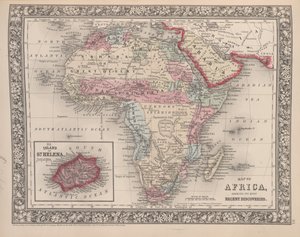 Karta över Afrika som visar dess senaste upptäckter med ön St. Helena insatt från Mitchells nya allmänna atlas, 1863 (färggravyr)