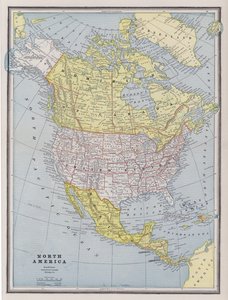 Karta över Nordamerika (färgad gravyr) av American School