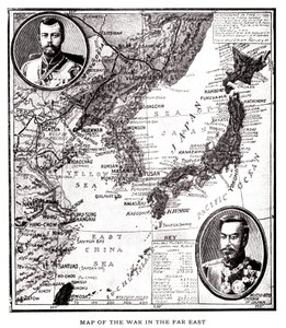Karta över östra Ryssland, Korea och Japan under den japansk-ryska konflikten (1904-1905). I medaljong, tsar Nikolaj II av Ryssland (1868-1918) och kejsar Meiji av Japan (1852-1912). Illustration, i "Ryssland och Japan och en fullständig historia av kriget av American School