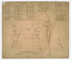 Karta över historiska hus och platser i Chicago, Illinois, ca 1835 av American School