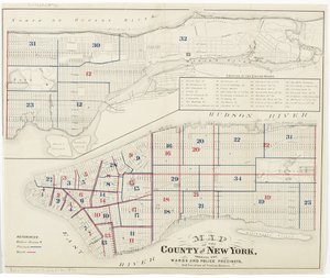Karta över grevskapet New York, som visar avdelningarna och polisdistrikten och stationshusens läge., 1870 (bläck på papper) av American School