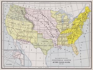 Karta som visar USA:s territoriella tillväxt (färgad gravyr) av American School
