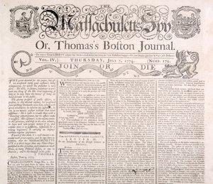 Masthead för Massachusetts Spy 7 juli 1774 (tryck) av American School