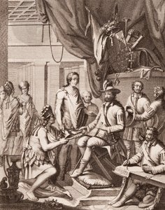 Montezuma överlämnar sitt imperium till kungen av Spanien, ger honom en hyllning och lovar hans lydnad, från Antonio de Solis y Rivadeneira Solis Historien om erövringen av Mexiko, graverad av Ximeno av American School