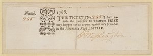 Mountain Road Lottery Ticket, signerad av George Washington (1732-99) 1768 (bläck på papper) av American School