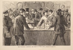 Mrs. Woodhull hävdar sin rösträtt, gravyr från Harper