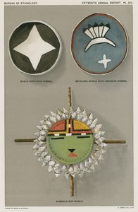 Indiansköldar - sköld med stjärnsymbol, Soyaluna-sköld med okänd symbol, symbolisk solsköld av American School