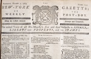 New York Gazette-topp som deklarerar sitt motstånd mot frimärkena, tryckt 7 november 1765 (tryck) av American School