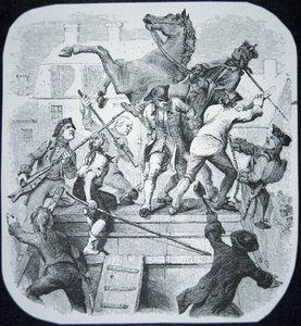 New York-rebeller drar ner statyn av den hatade George III av England (litho) av American School