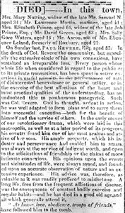 Nekrologsida från Boston Intelligencer, 16 maj 1818 (tryckt) av American School