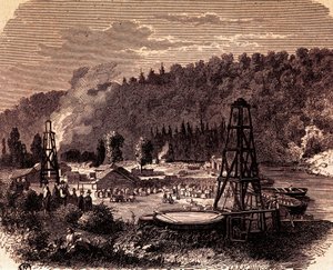 Oljefält i Titusville i Pennsylvania, med första brunn Derrick uppfann av Edwin Laurentine Drake 1859, gravyr, USA av American School