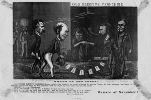 Gammal valfri franchise, vad står på korten? : se upp för november!, c. 1868 av American School