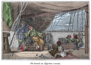 Ombord på ett skepp av algeriska pirater Illustration från "The Pirates Own Book, autentiska berättelser om de mest berömda sjörövarna"" av Charles Ellms, Boston 1837 av American School