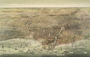 Panoramavy över staden Chicago, pub. 1892 (färglitografi) av American School