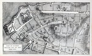 En del av Bernard Ratzers mindre karta över New York City (litho) av American School