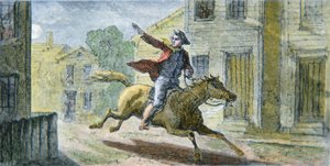 Paul Reveres berömda åktur natten den 18 april 1775 (färg litho) av American School