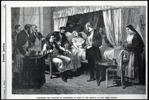 Utför operationen av blodtransfusionen på Hospital of Pity, Paris, Frankrike, illustration från den amerikanska forskaren av American School