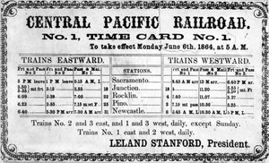 Fotografiskt tryck av Central Pacific Railroad Companys ursprungliga tidtabell för den 6 juni 1864, 1864 av American School
