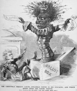 Politisk tecknad serie som skildrar president Andrew Jackson (1767-1845) som skräms av utsikten till svarta röster i Amerika av American School