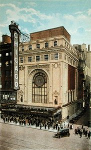 Vykort föreställande Chicago Theatre, ca 1930 (lito i färg) av American School