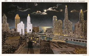 Vykort av Chicago på natten, c.1930 av American School