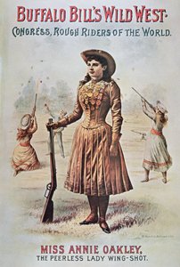 Affisch för Buffalo Bills (1846-1917) Wild West Show, med Annie Oakley (1860-1926) c.1899 (lito i färg) av American School
