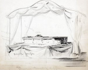 President Abraham Lincolns kista ligger i staten i Vita huset, Washington D.C., april 1865 (penna, bläck och tvätt på papper) av American School