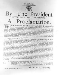 Tillkännagivande från president George Washington (1732-1799) som utser torsdagen den 19 februari till en dag för offentlig tacksägelse och bön, 1795 (tidningspapper) av American School