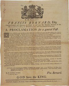 Tillkännagivande i namn av Francis Bernard, guvernör i Massachusetts Bay: tillkännager en fastedag under det franska och indiska kriget, den 8 april 1761 av American School