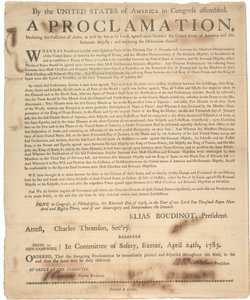 Tillkännagivande av kongressen som förklarar vapenupphörande och krigsslut, 24 april 1783 av American School