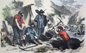 Prospektörer under Kaliforniens guldrush 1849 (färg litho) av American School