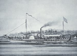 Robert Fultons ångbåt "Clermont", på Hudson River, New York av American School