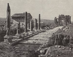 Ruinerna av den romersk-berberiska staden Timgad (gamla Thamugas), Algeriet (gravyr) av American School