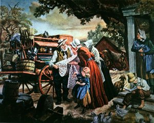 Rural America på 1800-talet: den resande försäljaren av hushållsartiklar (färg litho) av American School