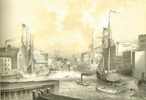 Rush Street Bridge, View from State Street, från Chicago Illustrated, med litterära beskrivningar av James W. Sheahan, publicerad av Jevne & Almini, Chicago, 1866-67 av American School