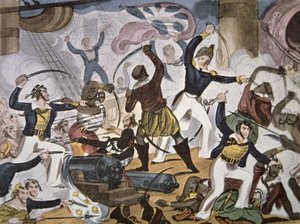 Sjömän från Royal Navy ombord på Algerine piratfartyg, c.1820 (färg litho) av American School