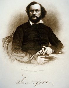 Samuel Colt håller en av sina slagverksrevolvrar (gravyr) av American School