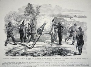 "Beskjuta konfedererade kavalleri över Potomacfloden från höjderna av Great Falls...", 4 oktober 1861 (litho) av American School