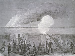 Belägring av Charleston, staden som brinner under bombardement, 3 januari 1864, från Harper