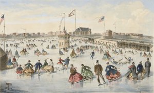 Skridskoåkning på Union Pond, pub. 1863 (lito i färg) av American School