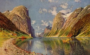 Sognefjorden på Norges kust (färg litho) av American School