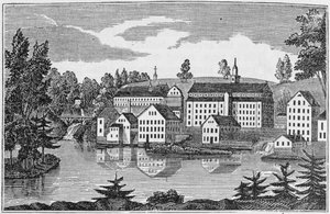 Sydostvy över fabrikerna vid Yantic Falls, Norwich, från "Connecticut Historical Collections", av John Warner Barber, 1856 av American School