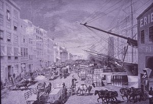 South Street Seaport på 1870-talet, New York City (gravyr) av American School