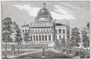 Södra vy av State House i Boston på Beacon Street, från "Historical Collections of Massachusetts", av John Warner Barber, graverad av S. E. Brown, 1839 av American School
